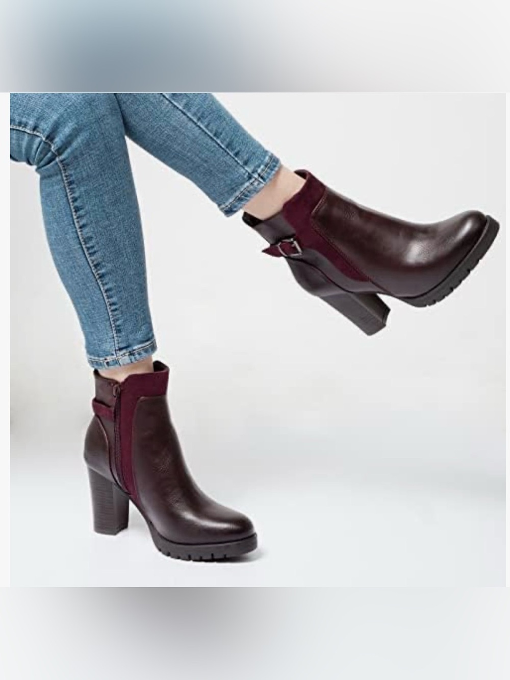Mysoft  Burgundy Faux Leather Suede Buckle Accent Zip Side Heeled Ankle Boot NEW